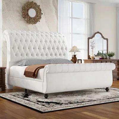Queen Size Bed Frame with Sleigh Headboard & Footboard, White