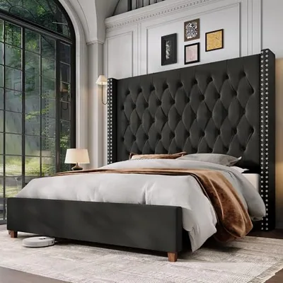 King Bed Frame 61.4 in Tall Headboard Velvet Upholstered, Black