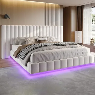 King Bed Frame with 100 in Wide Velvet Upholstered Headboard, Cream