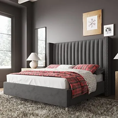 King Size Bed Frame Velvet Upholstered Wingback Headboard, Gray