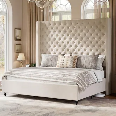 King Bed Frame with 65 in Tall Wingback Headboard, Cream