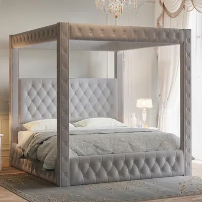 King Canopy Bed Frame Velvet Upholstered Headboard, Gray