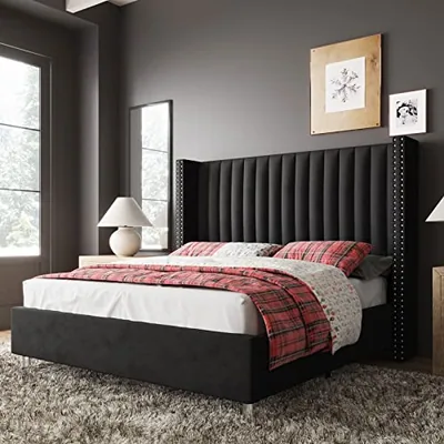 King Size Bed Frame Velvet Upholstered Wingback Headboard, Black
