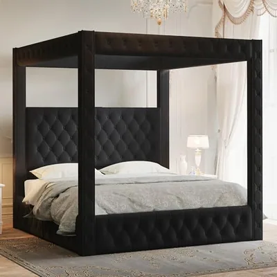 Queen Canopy Bed Frame Velvet Upholstered Headboard, Black