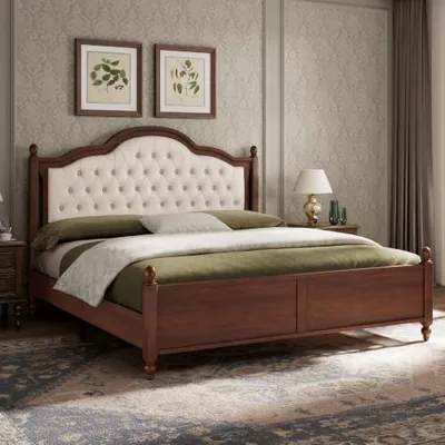 Solid Wood King Size Bed Frame with Upholstered Headboard, Walnut