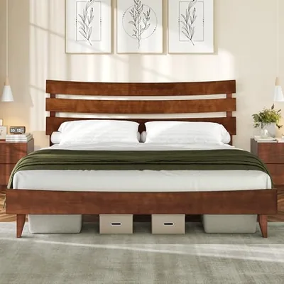 Mid Century Queen Size Solid Wood Platform Bed, Slatted Headboard, Brown