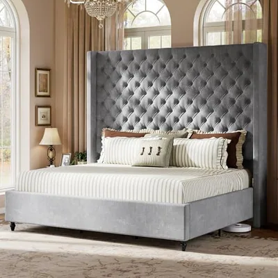 King Bed Frame with 65 in Tall Wingback Headboard, Gray