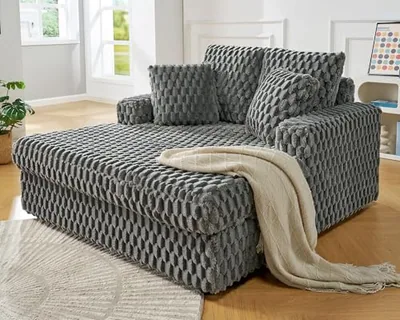58 Inch Oversized Chaise Lounge, Plush Sofa Bed with Throw, Gray