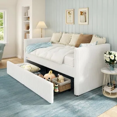 Twin Faux Fur Upholstered Daybed, Beige