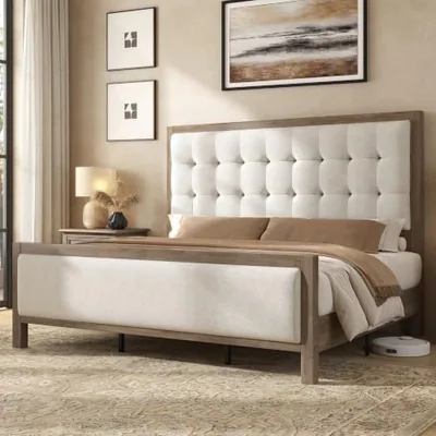 King Solid Wood Bed Frame 50 in Tall Headboard&Footboard, Gray