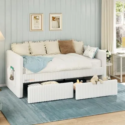 Twin Faux Fur Upholstered Daybed with Storage Drawers, Cream