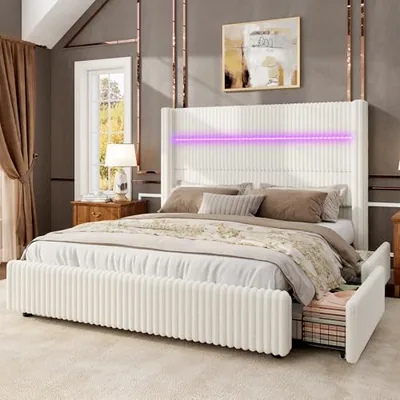 Queen Storage Bed Frame, Corduroy 51.2 in Wingback Headboard, White