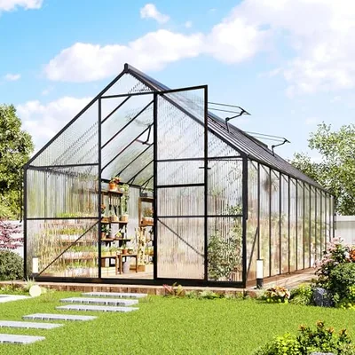 8x24 FT Walk-in Polycarbonate Greenhouse with 2 Top Windows, Black