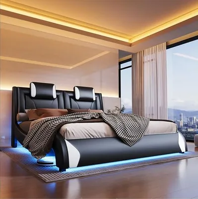 Full LED Bed Frame, Faux Leather Headboard, Wave Design, Black