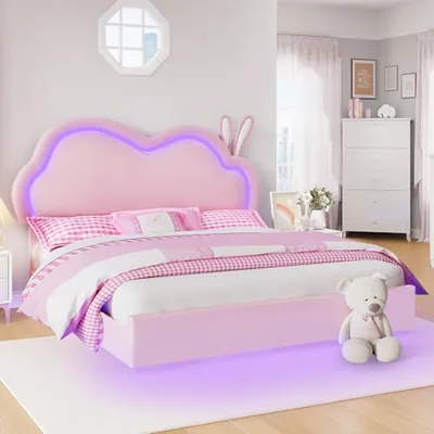 Full Floating Bed Frame with Cloud Headboard for Girls, Pink