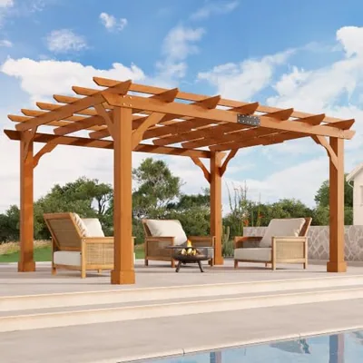 10x12 FT Premium Cedar Wood Pergola with Trellis Roof & Stakes, Brown