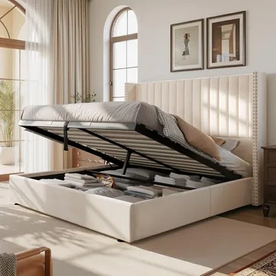 Queen Lift Up Storage Bed Frame Velvet Channel Headboard, Cream