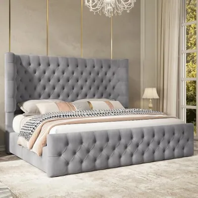 Cal King Bed Frame Wingback Headboard & Footboard for Tall People, Gray