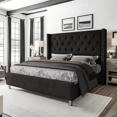 Queen Bed Frame Velvet Tufted Upholstered 49.2 in Headboard, Black