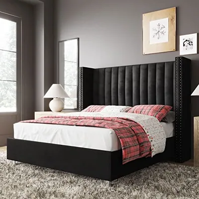 Queen Size Bed Frame Velvet Upholstered Wingback Headboard, Black