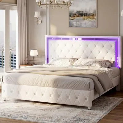 Full Bed Frame LED Lights Headboard, Velvet Upholstered, Cream