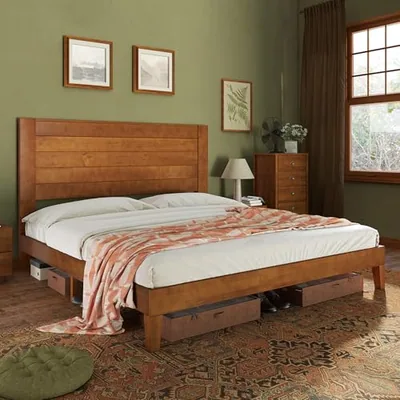 King Size Farmhouse Solid Wood Bed Frame with Storage Platform, Brown