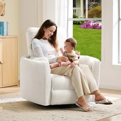 Power Rocking Nursery Chair, Swivel Recliner, USB, White