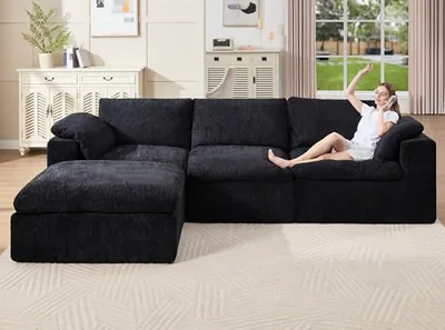 120 in Cloud Modular Sectional Sofa, No-Assembly Chenille Couch, Black