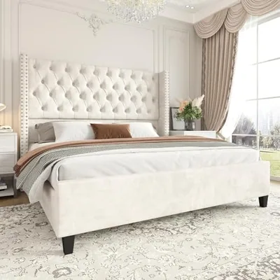 King Size Bed Frame Velvet Upholstered Platform Bed with 51.6, Cream