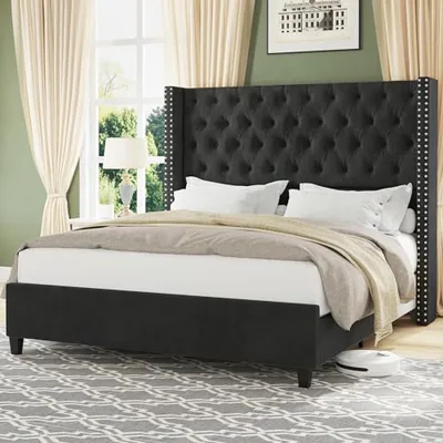Queen Bed Frame with 51.6 in Tall Upholstered Headboard, Black