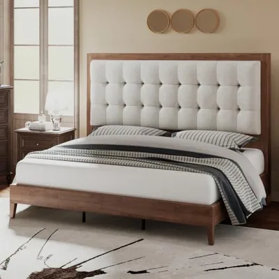 Queen Bed Frame Solid Wood, 50 in Tall Upholstered Headboard, Walnut
