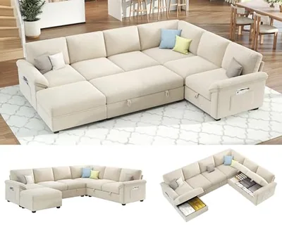 105 in Sofa Bed, Sectional Sleeper Sofa with Pull Out Bed, Beige
