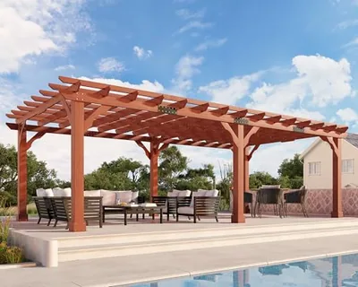 12x24 FT Premium Cedar Wood Pergola with Trellis Roof & Stakes, Brown