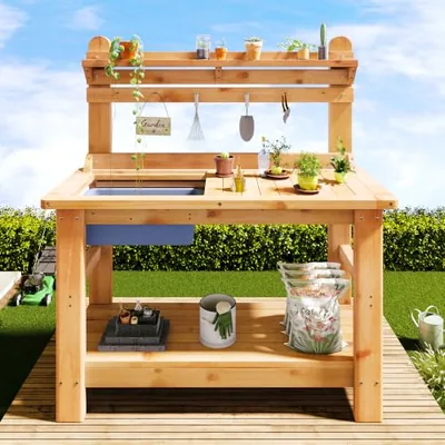Outdoor Solid Wood Potting Bench with Large Tabletop, Sink&Shelf, Natural