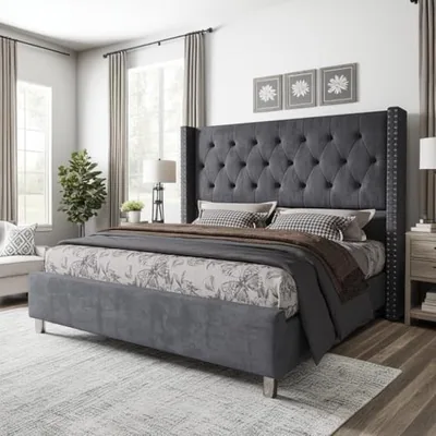 King Bed Frame Velvet Tufted Upholstered 49.2 in Headboard, Gray