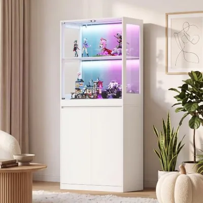 DIY Modular Storage Cabinet, 2-Door Base with Glass Display Top, White