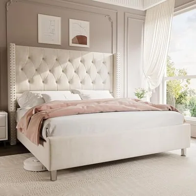 Queen Bed Frame Velvet Tufted Upholstered 49.2 in Headboard, Cream