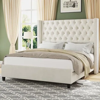 Queen Bed Frame with 51.6 in Tall Upholstered Headboard, Cream