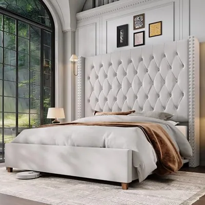 King Bed Frame 61.4 in Tall Headboard Velvet Upholstered, Cream