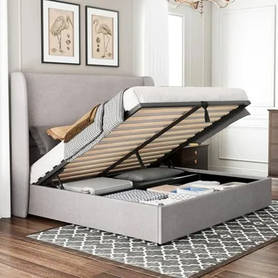 Queen Lift Up Storage Bed Frame, Linen Headboard, Gray
