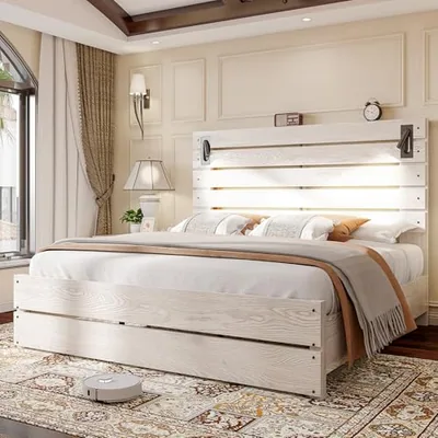 Queen Bed Frame Farmhouse 51 in Headboard&Reading Lights, White