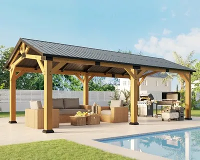 12' x 24' Cedar Wood Hardtop Gazebo with Galvanized Steel Roof, Brown