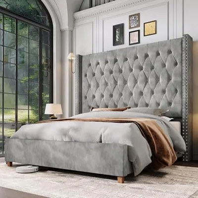 Cal King Bed Frame 61.4 in Tall Headboard Velvet Upholstered, Gray