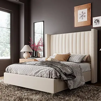 Queen Size Bed Frame Velvet Upholstered Wingback Headboard, Cream