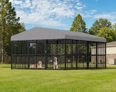 10X13X6.4 FT Outdoor Dog Kennel, 2 Doors, Waterproof Roof, Black
