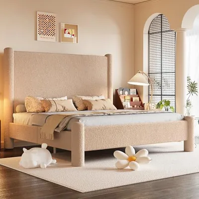 Full Size Upholstered Bed Frame with Boucle Chenille Fabric, Khaki