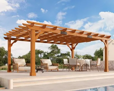 12x20 FT Premium Cedar Wood Pergola with Trellis Roof & Stakes, Brown