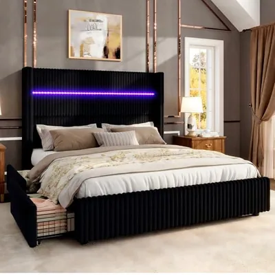 King Corduroy Storage Bed Frame, 51.2 in Headboard, LED, Black, White