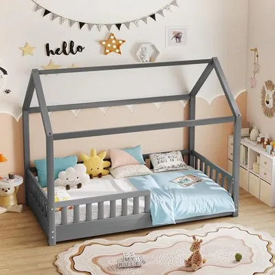 Twin Size House Bed for Kids with Guardrails, Gray