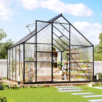 8x10 FT Walk-in Polycarbonate Greenhouse with 2 Top Windows, Black